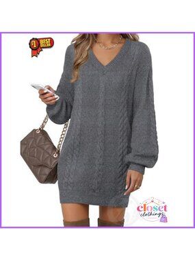 Women's V Neck Lantern Sleeve Knit Mini Sweater Dress Wool Casual